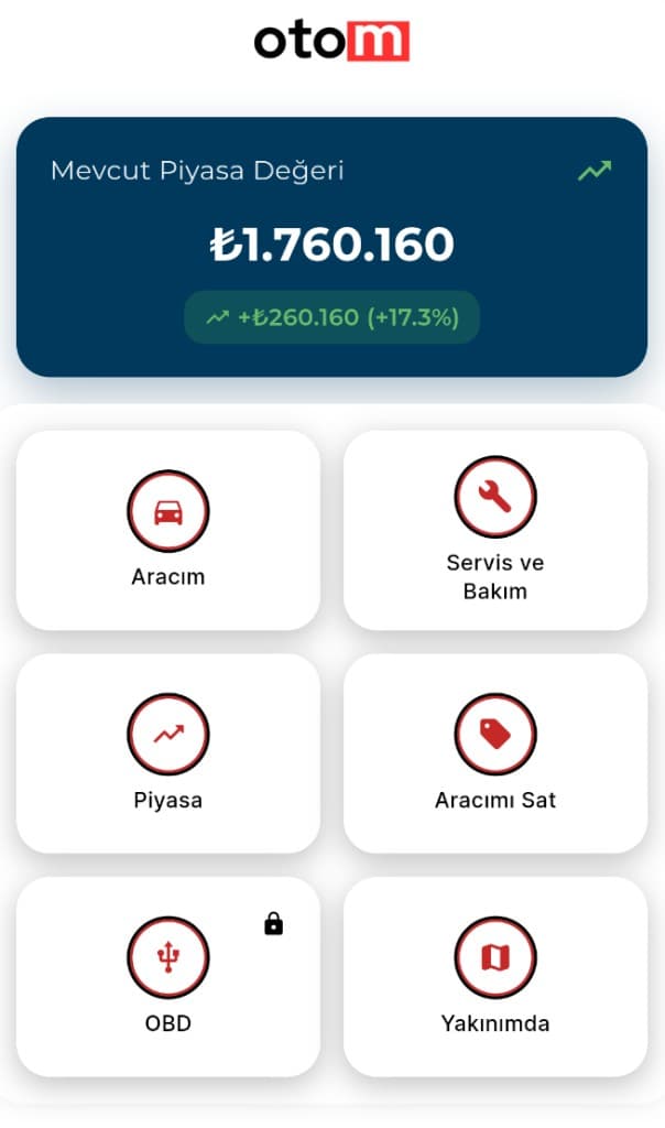 Otom uygulaması anasayfa — piyasa değeri ve menü